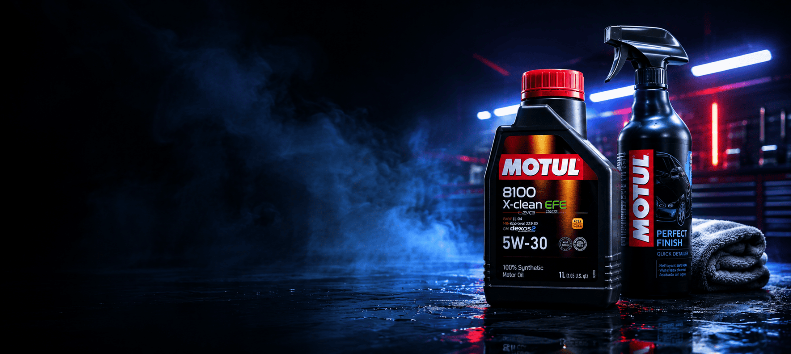 Motor oil and cleaner bottles on wet surface.