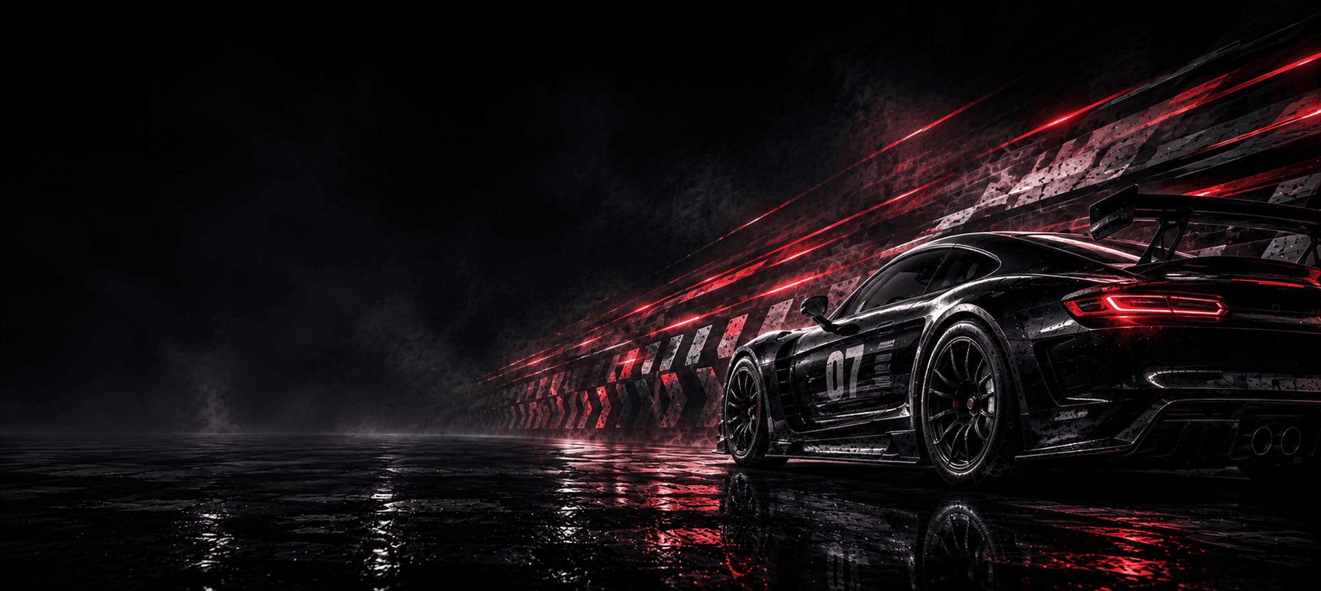 Racing car on wet track with lights.