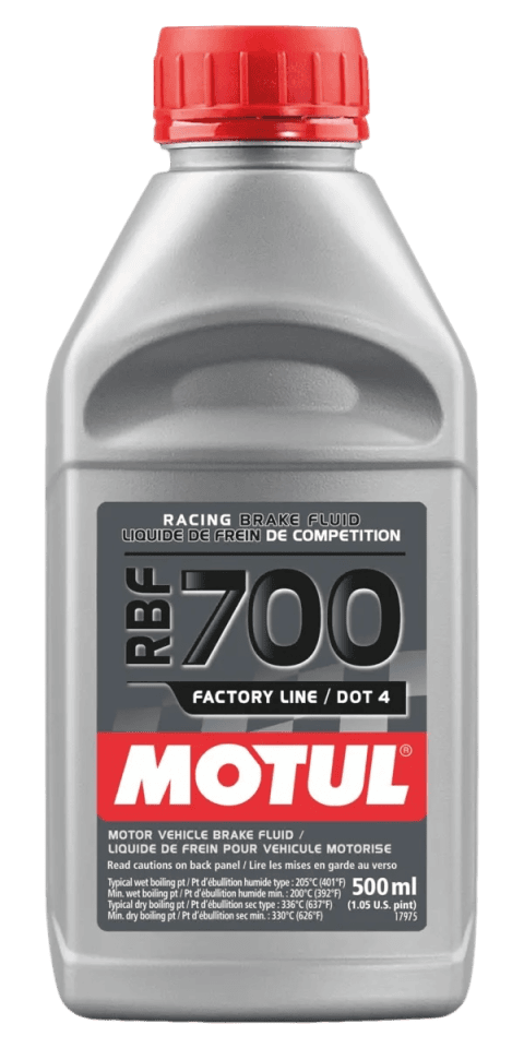 500ml bottle of Motul RBF 700 Factory Line Dot 4 Brake Fluid with a cap and a sticker on it