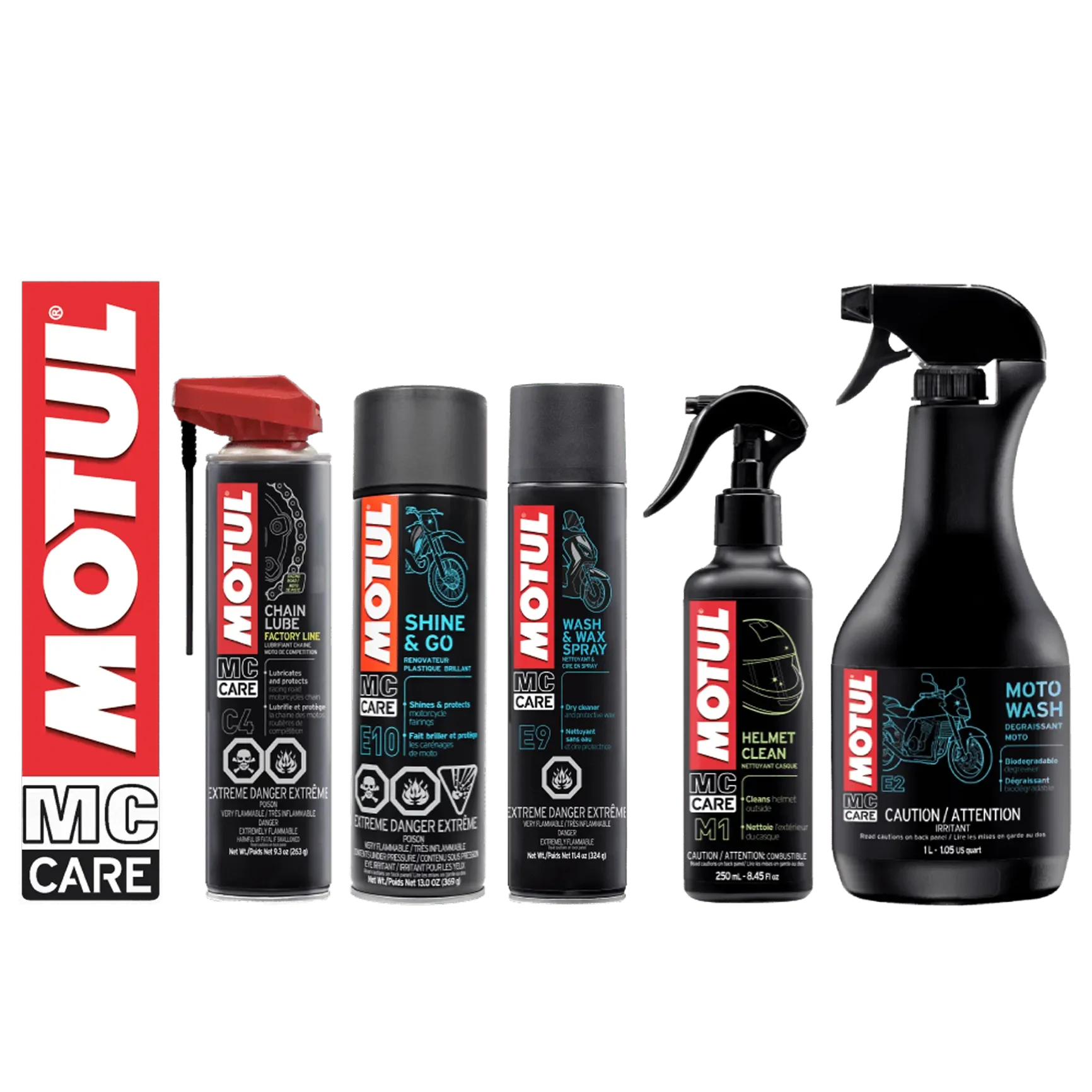 Motul MC, which includes four spray bottles and a label with the Motul logo